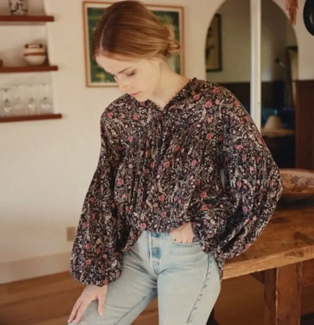 DOEN Thistle Top in Black Multi Floral Print M Boho - Picture 1 of 10